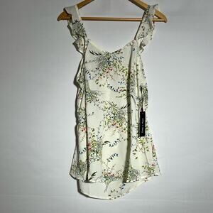 Doe & Rae Floral Tank Top Flutter Sleeve Tie Keyhole Back Size M Women’s